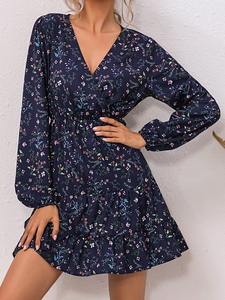 Long Sleeve Holiday V Neck Floral Dress, Blue, Dresses