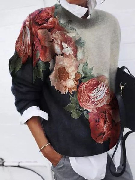 Women Casual Ombre/Tie-Dye Floral Print Long Sleeve Shirt, Gray, Blouses & Shirts