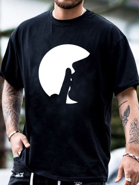 Cotton-Blend Printed Men's Fashion Print Tee, Black, Men's t-shirts