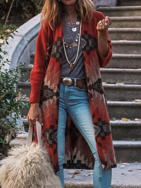 Plus size Long Sleev Boho Outerwear, Red, Outerwear