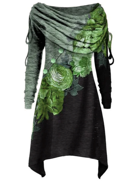 Cotton Printed Long Sleeve Dresses, Green, Dresses