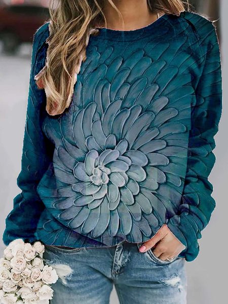 Round Neck Long Sleeve Shift Shirts & Tops, Blue, Tops
