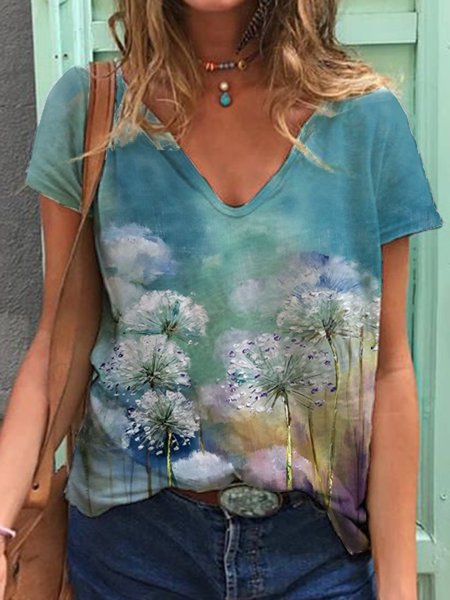 Short Sleeve Casual Floral T-shirt, Blue, T-Shirts