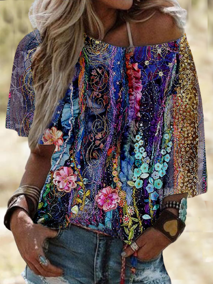 Casual Abstract Round Neck Short Sleeve Shirts & Tops, Blue, T-Shirts