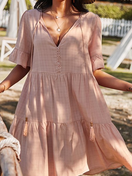 V Neck Short Sleeve Solid Dress, Pink, Mini Dresses