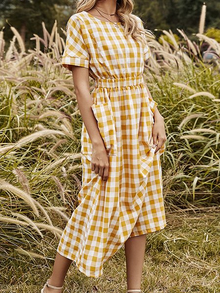 Short Sleeve Casual Checkered/plaid Dress, Yellow, Midi Dresses