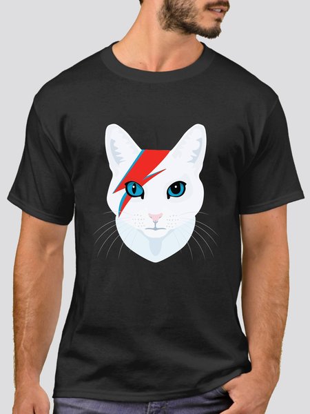 Cotton-Blend Crew Neck Casual Men's Fashion Print Cat Tee, Black, T-shirt
