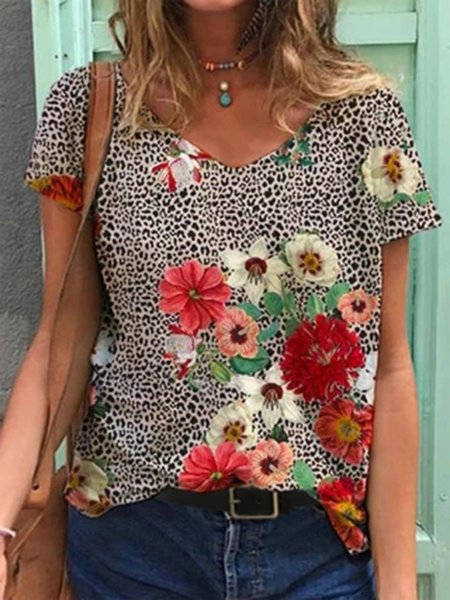 Flower Leopard Painting Print T-shirt, T-Shirts