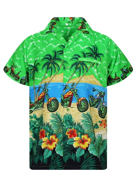 Men's Printed Basic Lapel Shirts, Green, Men's Floral shirt