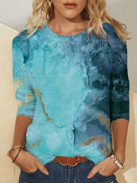 Printed Long Sleeve Crew Neck Casual T-shirt, Aqua blue, Hoodies and Sweatshirts