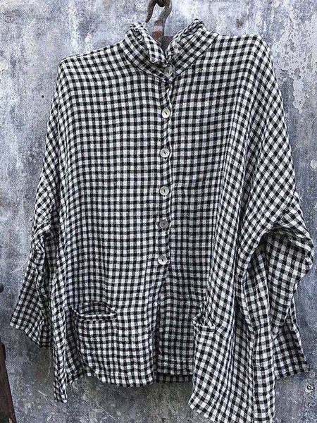 Shirt Collar Casual Long Sleeve Linen Shirts & Tops, As picture, Blouses & Shirts