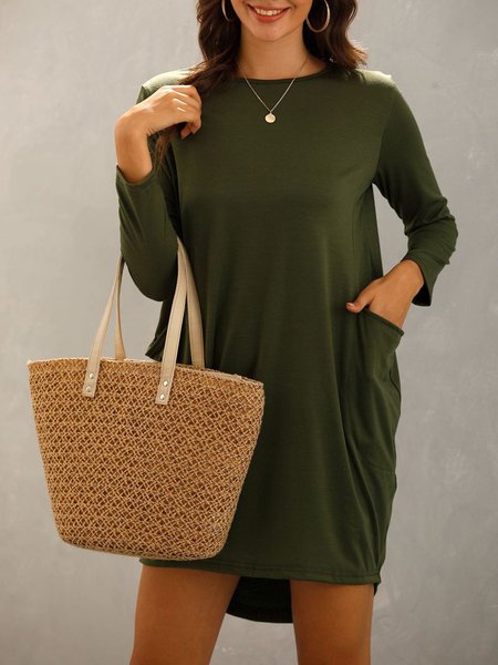 Crew Neck Long Sleeve Dress, Green, Mini Dresses