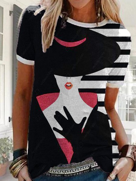 Printed Short Sleeve Abstract Round Neck Shirts & Tops, Red, Tops