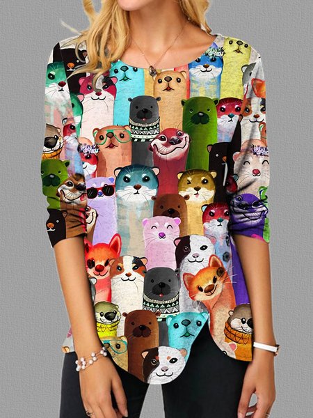 Otter Beauty Graphic Long Sleeve Loose Top, Multicolor, Tops
