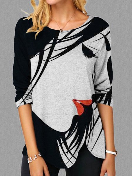 Cotton-Blend Casual Long Sleeve Abstract Shirts & Tops, White-black, Blouses & Shirts