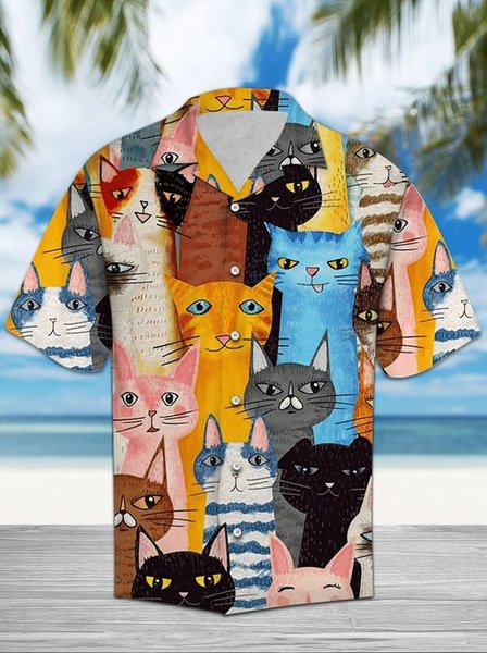 Printed Animal Shirt Collar Shirts, Cat, Men's Floral shirt