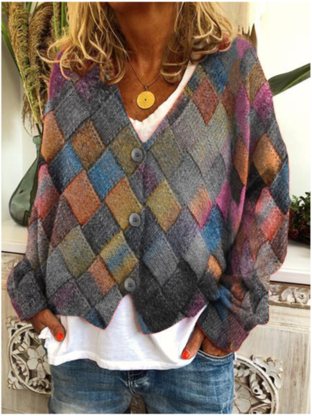 Plus size Geometric Long Sleeve Outerwear, Gray, Cardigans