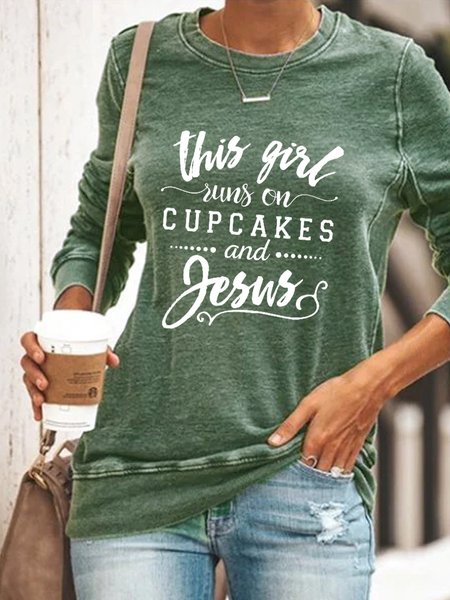 This Girl Runs on Cupcakes and Jesus Sweatshirt, Green, Hoodies&Sweatshirts