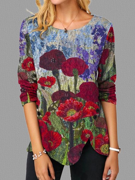 Poppy Impressionist Art Graphic Top, Multicolor, T-shirts