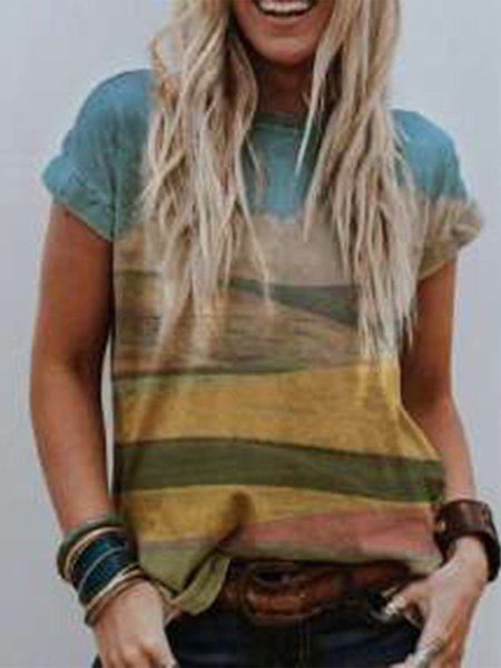 Women's landscape print short sleeve T-shirt, Tees & T-shirts