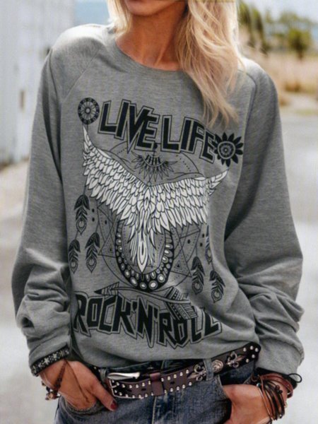 Casual Plus Long Sleeve Printed T-shirt Top Tunic, White, Hoodies&Sweatshirts