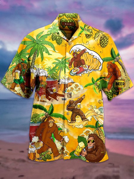 Shirt Collar Animal Printed Shirts, Yellow, Men's Floral shirt