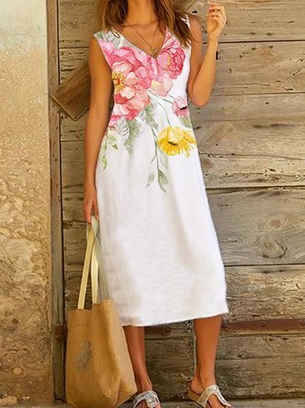 Floral-Print A-Line V Neck Dresses, White, Dresses