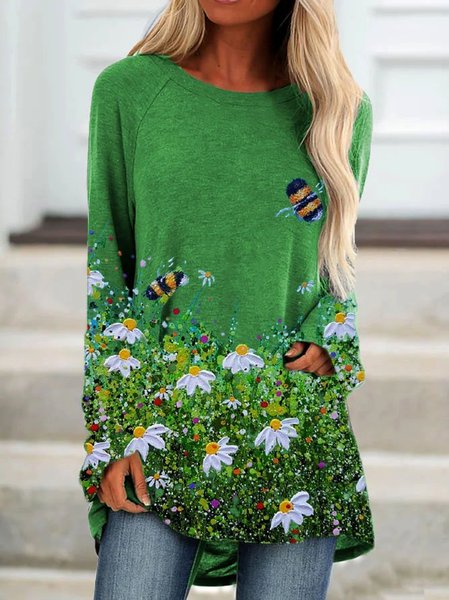 Crew Neck Long Sleeve Casual Top, Green, Tops