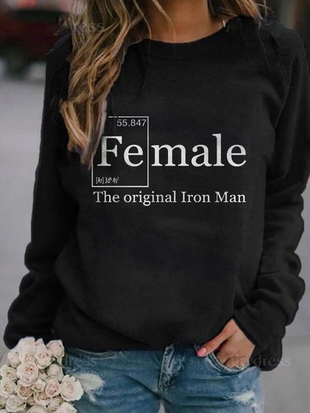 Famale Graphic Round Neck Long Sleeve Sweatshirt, Black, Hoodies&Sweatshirts
