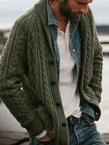 Casual Lapel Cotton-Blend Sweater, Gray, Men's Sweater