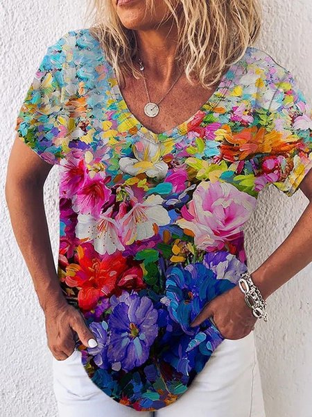Flower Oil Painting Print T-shirt, Multicolor, T-Shirts