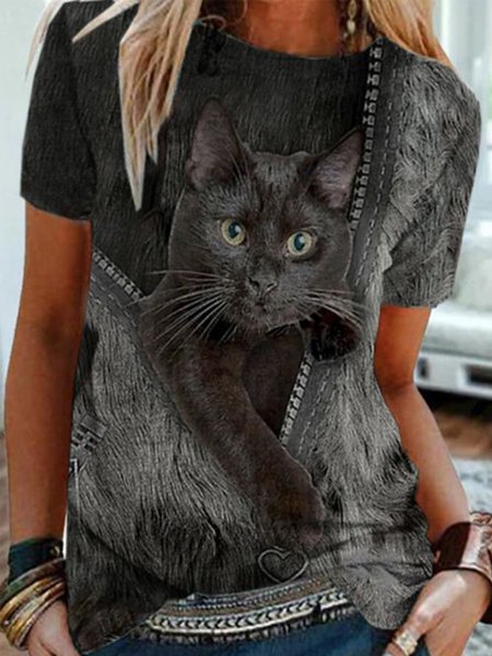 Cotton-Blend Casual Printed Short Sleeve Shirts & Tops, Black, Tees & T-shirts