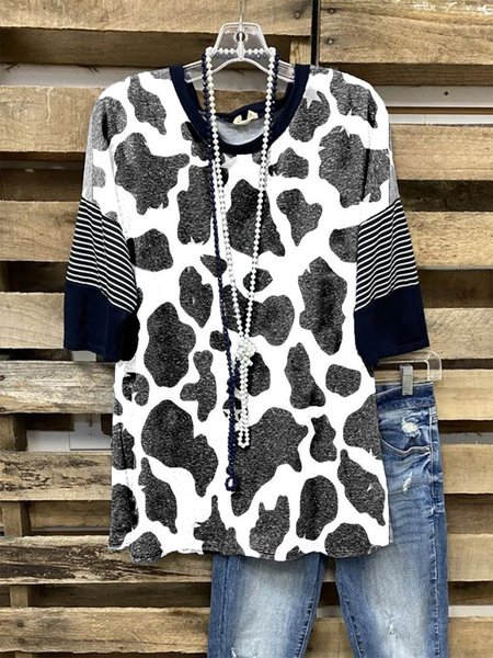 Cotton-Blend Half Sleeve Vintage Shift Shirts & Tops, White-black, Auto-Clearance