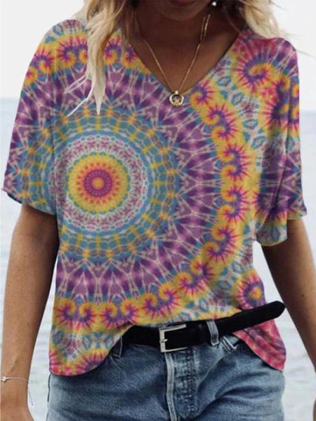 Casual Short Sleeve V Neck T-shirt, Purple, T-Shirts