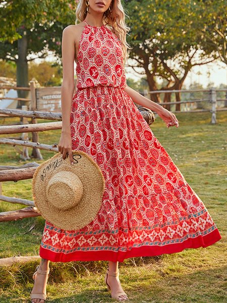 Printed Tribal Boho Halter Dress, Red, Maxi Dresses