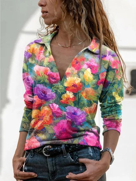Casual V Neck Striped Long Sleeve Shirts & Tops, As picture, Tees & T-shirts