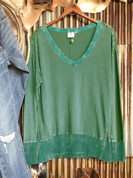 Green Long Sleeve V Neck Cotton-Blend Sweatshirts, Sweatshirts & Hoodies