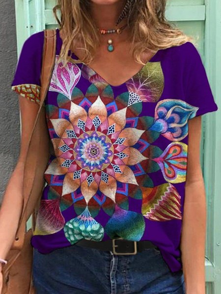Short Sleeve V Neck Shift T-shirt, Purple, T-Shirts