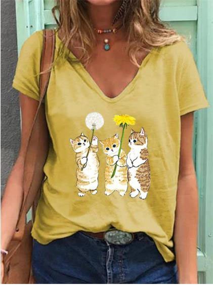 Animal Casual Short Sleeve Shirts & Tops, Yellow, Printed T-shirts