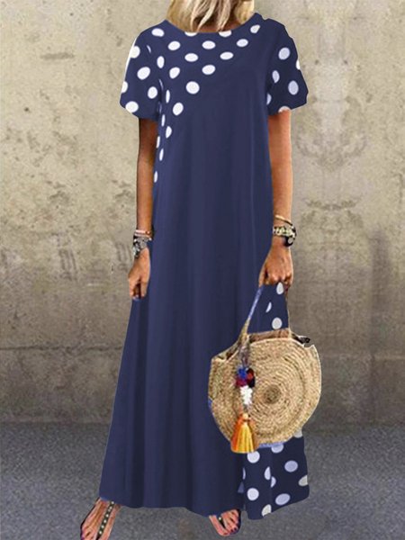 

Vintage Polka Dots Swing Short Sleeve Maxi Beach Dresses, Purplish blue, Maxi Dress
