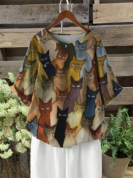 Animal Printed Round Neck Casual Tops, As picture, Tops