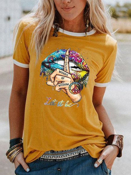 Casual Printed Short Sleeve Geometric Shirts & Tops, Yellow, Printed T-shirts