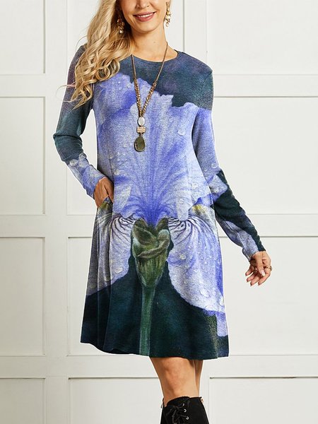 Casuale Retro Astratto Stampa Animale Floreale Maniche Lunghe Abito, 55, Midi Dresses