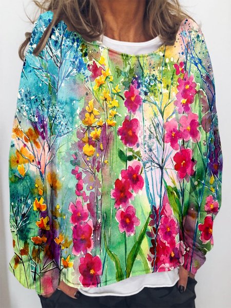 Flower Painting Print Sweatshirts, Multicolor, Hoodies&Sweatshirts