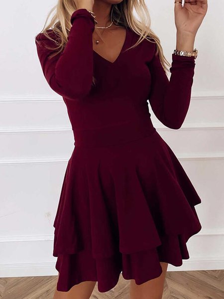 Scollo a V Maniche Lunghe Tinta Unita Abito, Vino rosso, Mini Dresses