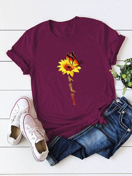 Never Give Up Butterfly Sunflower Graphic Tee, Wine red, T-shirts