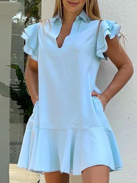 V Neck Short Sleeve Shift Dress, Blue, Mini Dresses