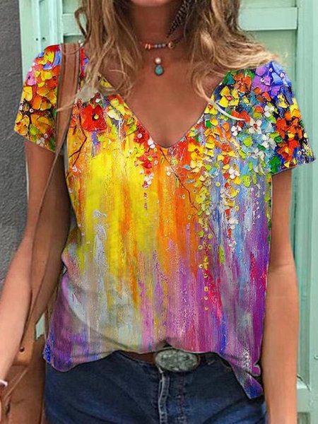 Floral Printed Casual V Neck T-shirt, As picture, T-Shirts