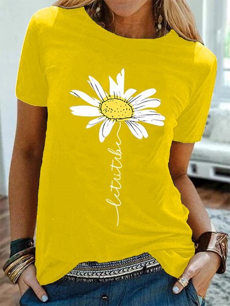 Daisy Print Casual Crew Neck T-Shirts, Yellow, T-Shirts