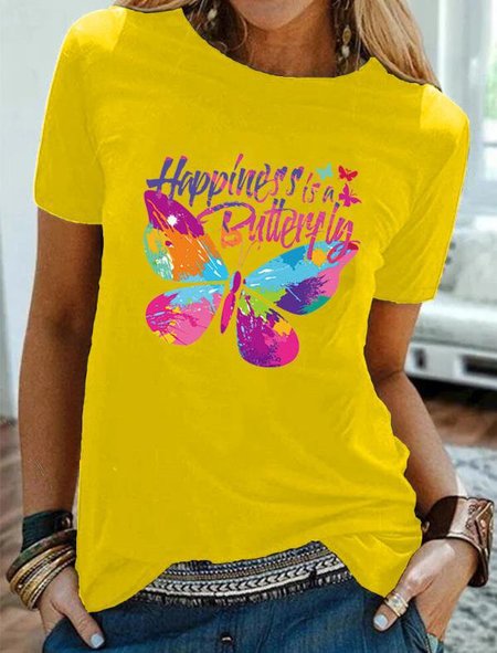 Graffiti Shift Casual Cotton-Blend Shirts & Tops, Yellow, Printed T-shirts